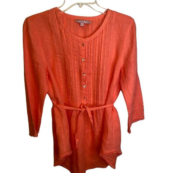 Calypso Linen 3/4 Sleeve Scooped Neckline Pleated Front Blouse Coral Size Small - Picture 4 of 9